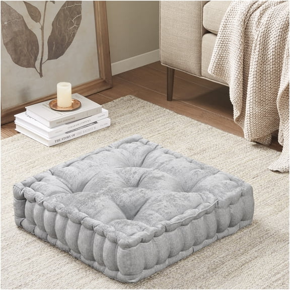 JERFIT Decorative Chenille Floor Pillow with Tufted Detail, Grey Square Accent Cushion for Living Room, Bedroom, Dorm
