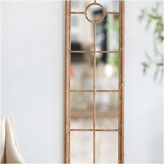 JERFIT Decorative Half Round Elongated Wall Mirror with Wood Frame, Distressed Whitewash Finish, Rustic Vintage Window Look for Living Room, Hallway, Bedroom