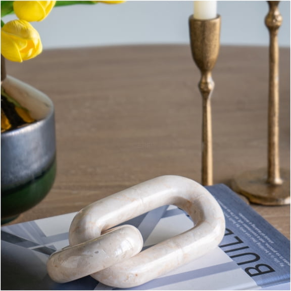 JERFIT Decorative Marble Chain Link Sculpture, Cream Beige Tabletop Statue for Home Bookshelf Mantel Display, Elegant Interior Accent Piece