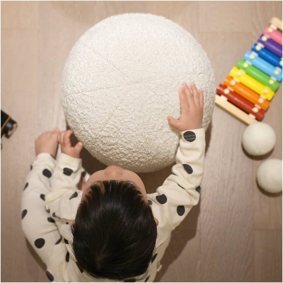 JERFIT Decorative Round Boucle Pillow, Soft White Faux Wool Ball Accent Throw Pillow for Sofa Bed