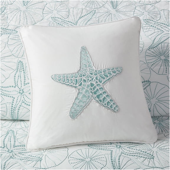 JERFIT Decorative Square Pillow with Embroidered Seashell Design, 16x16 Inch White Cotton Throw Pillow for Bed & Couch