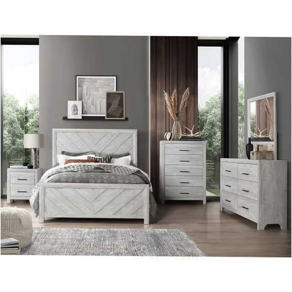 JERFIT Denver 5-Piece Full Bedroom Set in Antique Natural, Modern Wood Storage Bed, Dresser, Chest, Nightstand & Mirror