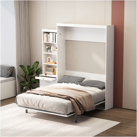 JERFIT White Full Size Vertical Murphy Bed with Shelves & Drawers, Space Saving Wall Bed with Modern Design for Bedroom, Guest Room