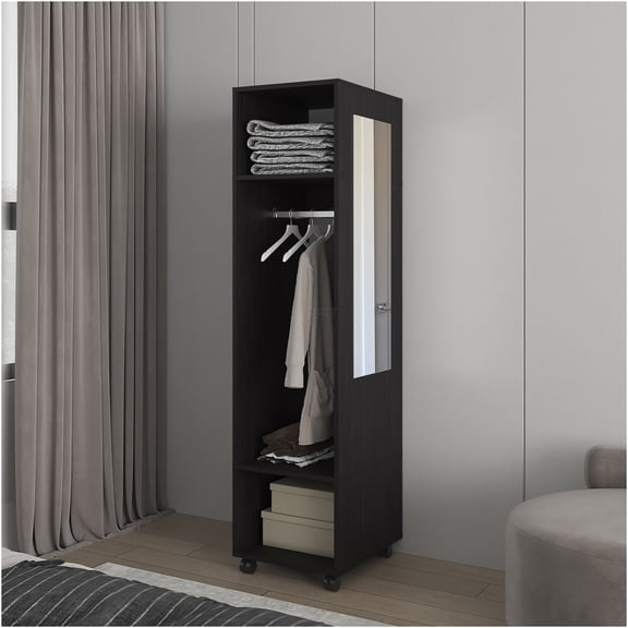 JERFIT Devon Wardrobe Closet with Mirror, Freestanding Bedroom Armoire with Hanging Rod and Shelves for Storage, Black