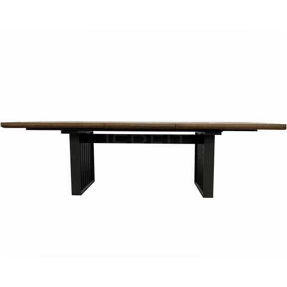 JERFIT Double Pedestal Dining Table with Leaf, Light Brown Latte Finish, Solid Wood and MDF Desk for Kitchen and Dining Room