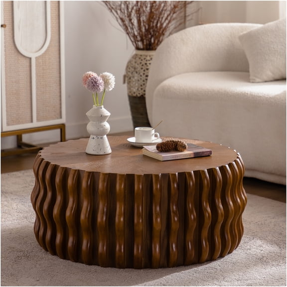 JERFIT Drum Fluted Pedestal Coffee Table, Modern Round Solid Wood Center Table for Living Room, Bedroom, Apartment & Farmhouse