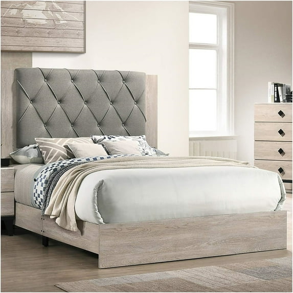JERFIT Eastern King Bed Frame with Upholstered Tufted Headboard, Cream and Gray Fabric, Rubberwood Platform Bed, Modern Bedroom Furniture, No Box Spring Needed