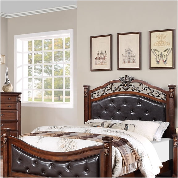 JERFIT Eastern King Bed Frame with Tufted Headboard, Dark Cherry Faux Leather Upholstered Bed, Traditional Style with Footboard