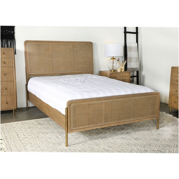 JERFIT Eastern King Size Bed Frame, Coastal Sand Wash Finish with Natural Cane Panels, Mid-Century Modern Wood Metal Platform Bed with Tapered Legs, No Box Spring Needed