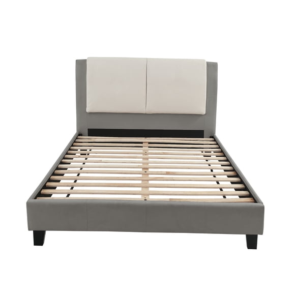 JERFIT Eastern King Size Bed Frame, Upholstered Faux Leather Platform Bed with Wooden Slat Support, Modern White and Gray Headboard, 13" Underbed Clearance