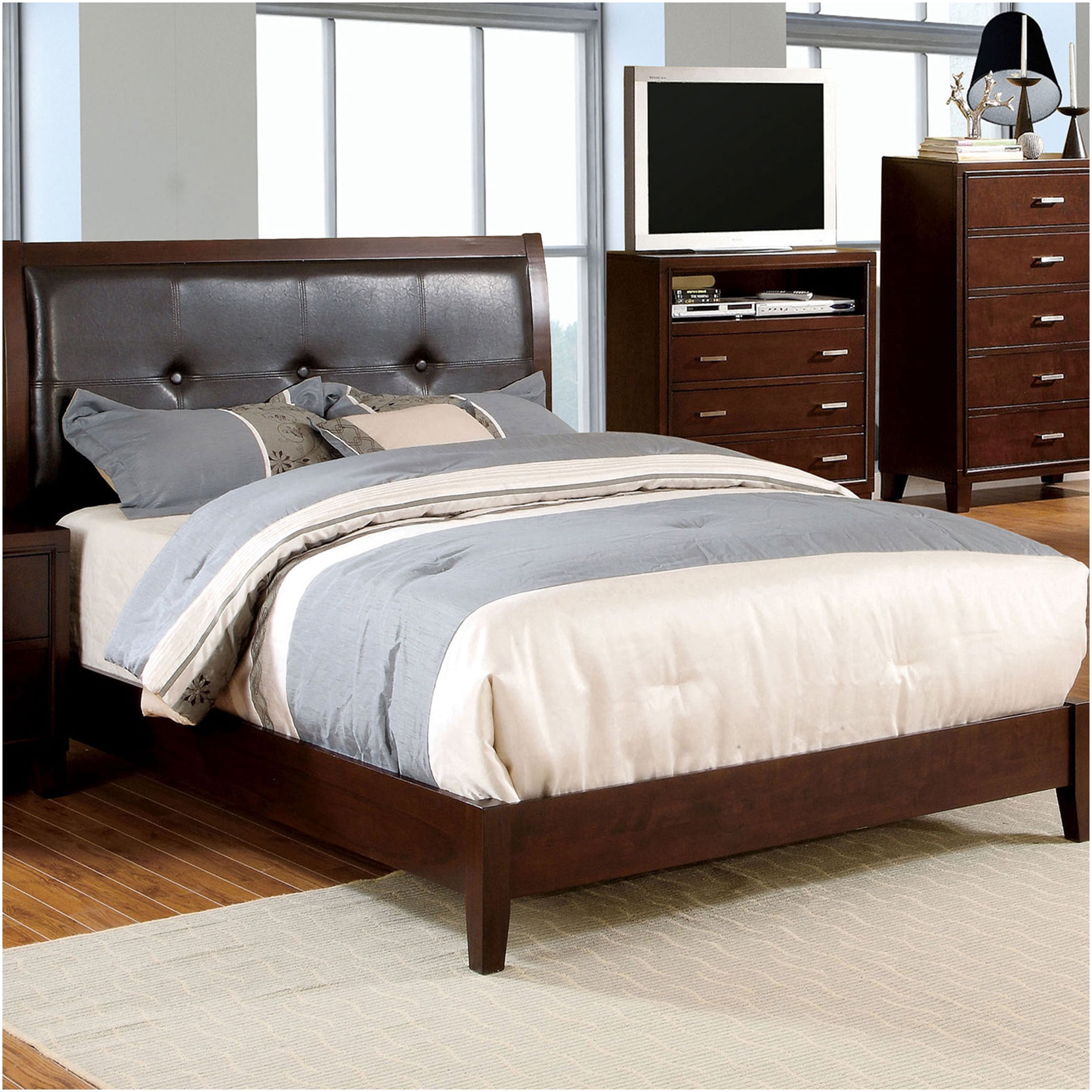 JERFIT Eastern King Size Bed Frame with Upholstered Headboard, Brown Solid Wood Modern Platform Bed, Button Tufted Design, No Box Spring Needed