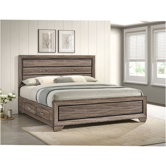 JERFIT Eastern King Size Storage Bed Frame with Drawers, Washed Taupe Finish, Engineered Wood Platform Bed with Headboard, Transitional Style for Bedroom