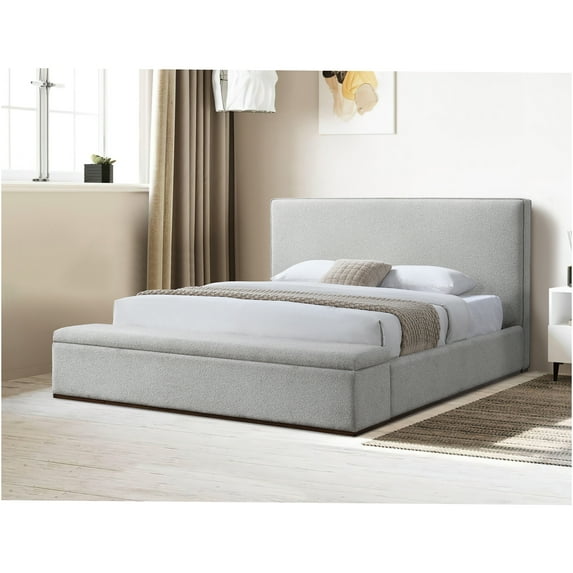 JERFIT Eastern King Storage Bed Frame with Headboard, Beige Linen Upholstered Platform Bed, No Box Spring Needed