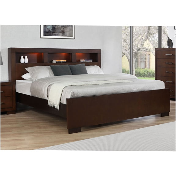 JERFIT Eastern King Storage Bed with LED Headboard Shelves, Cappuccino Solid Wood Platform Bed Frame, No Box Spring Needed