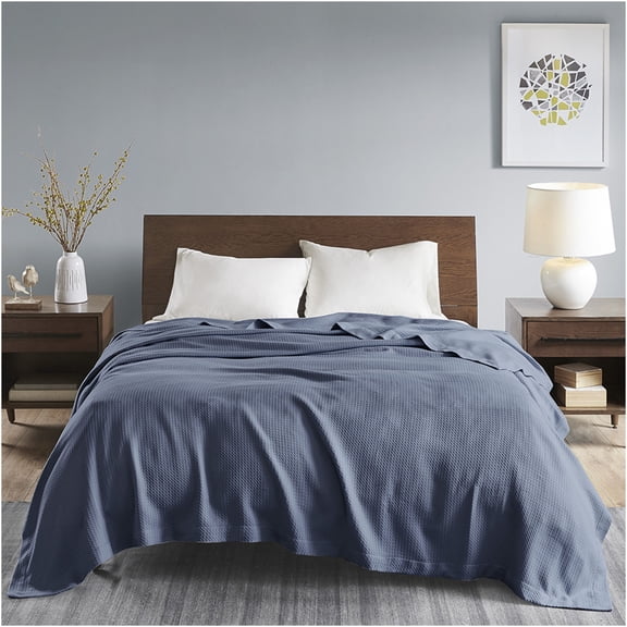 JERFIT Egyptian Cotton Blanket Queen Size, 90x90 Inch Ultra Soft & Breathable All Season Bed Blanket, Premium Blue Bedding Throw for Couch, Sofa, Machine Washable