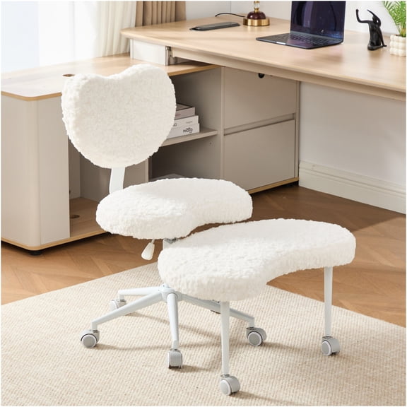JERFIT Electric Standing Desk with Splice Board, Adjustable Height Sit Stand Desk for Home Office, Beige Faux Fur Desktop