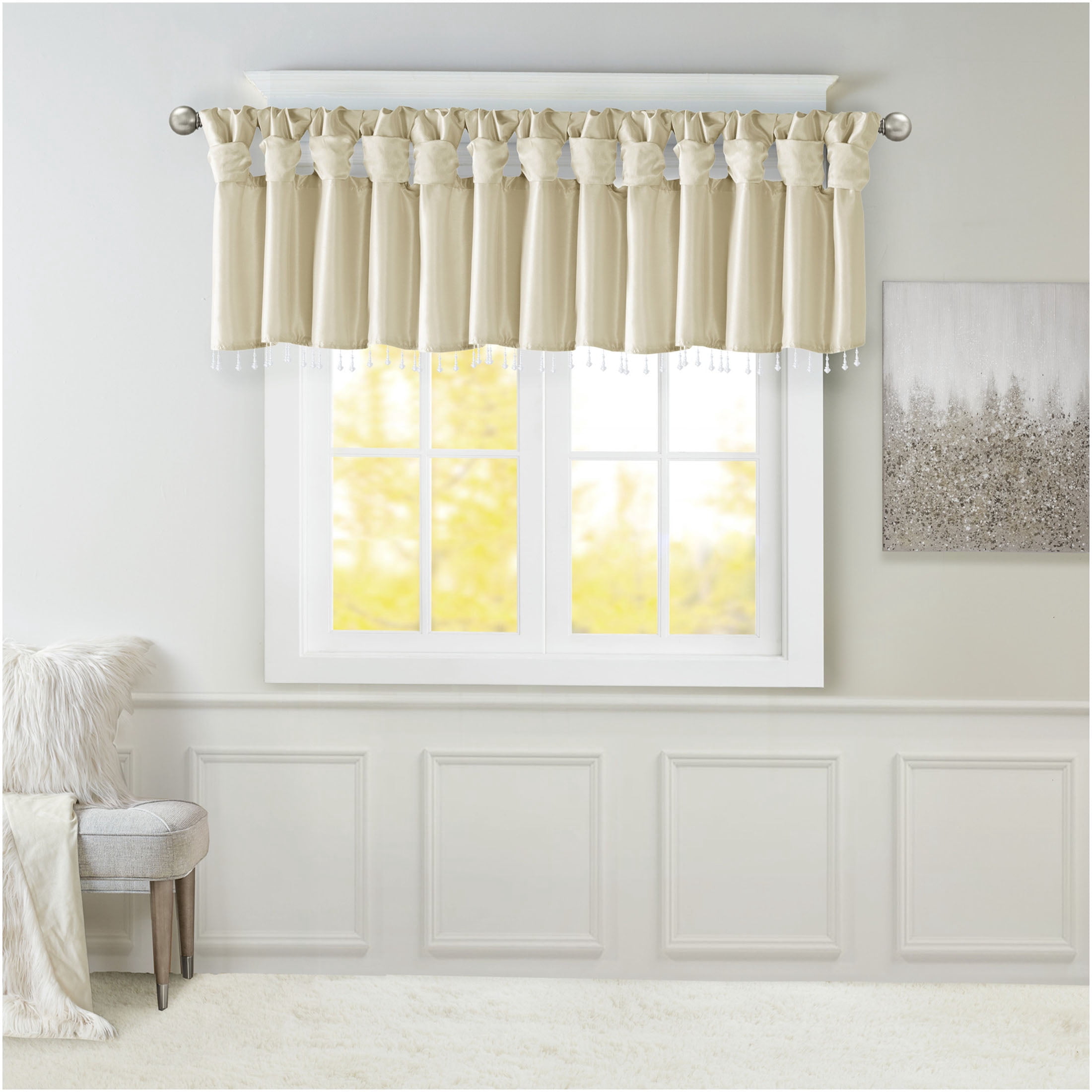JERFIT Elegant Champagne Faux Silk Window Valance with Beaded Trim, 50x26 Inch Lightweight Blackout Valance for Living Room Bedroom