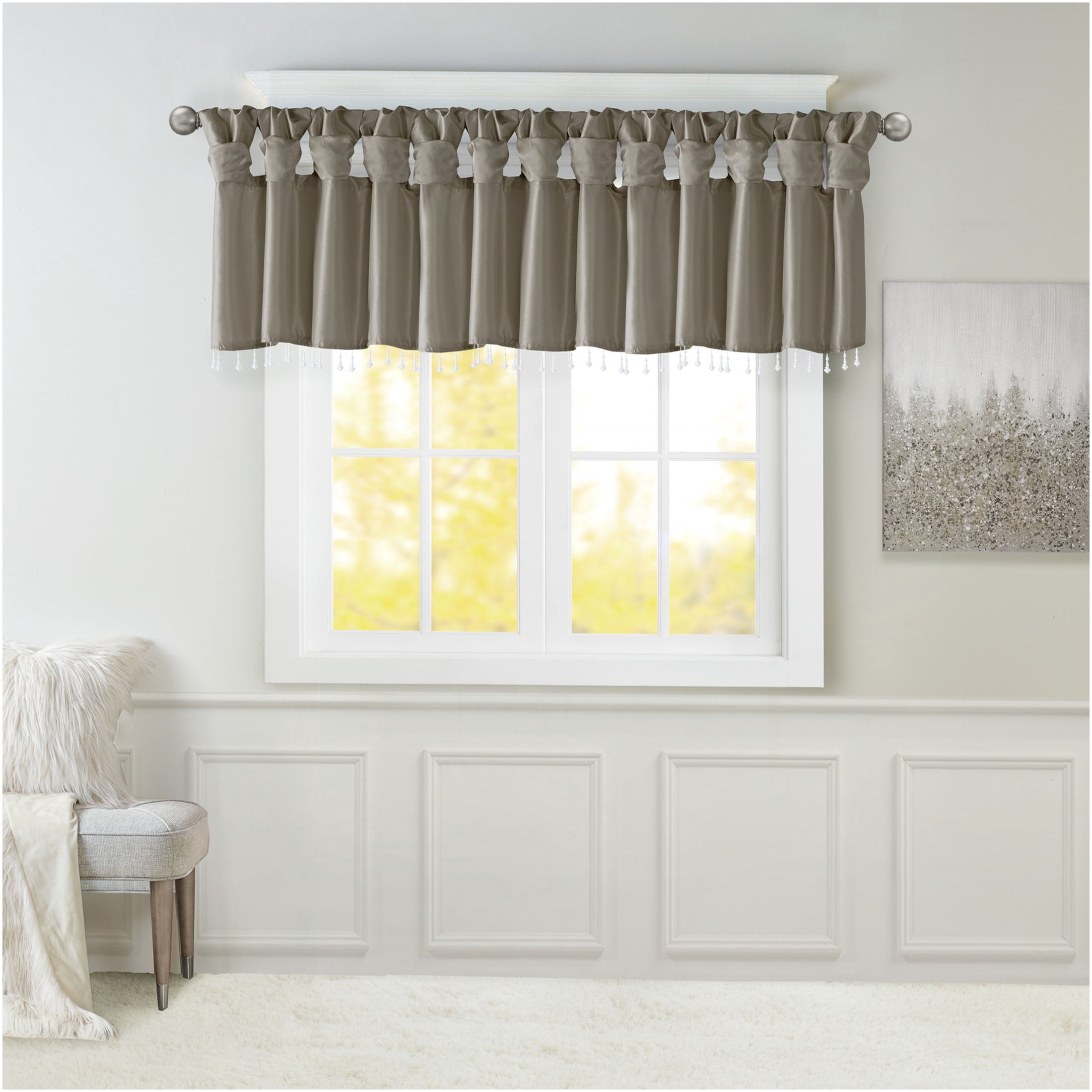 JERFIT Elegant Faux Silk Window Valance with Beaded Trim, Tab Top Treatment for 50 Inch Rod, Lightweight & Lined for Privacy, Pewter 50"W x 26"L