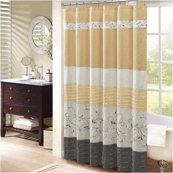 JERFIT Elegant Floral Embroidered Shower Curtain, Luxury Faux Silk Bathroom Decor with Pintuck Details, 72x72 Inches, Multicolor Polyester, Machine Washable