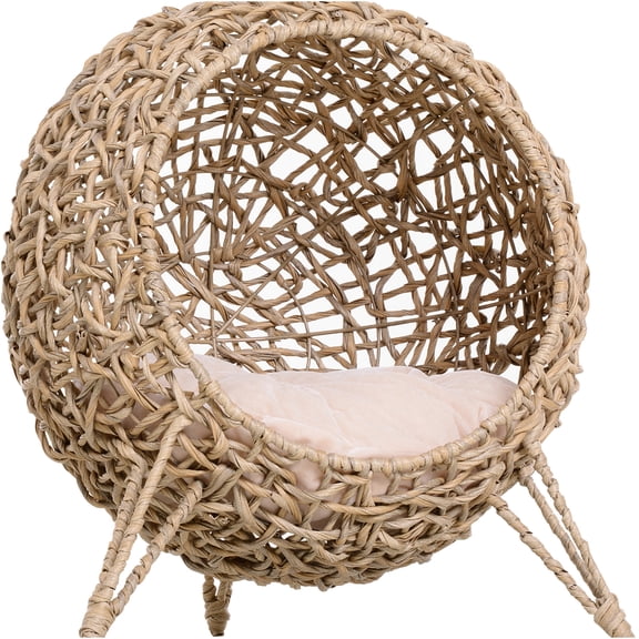 JERFIT Elevated Cat Bed with Cushion, 20.5" Rattan Weaved Hanging Egg Chair, Breathable & Cozy Indoor Cat House for Small Pets, Beige