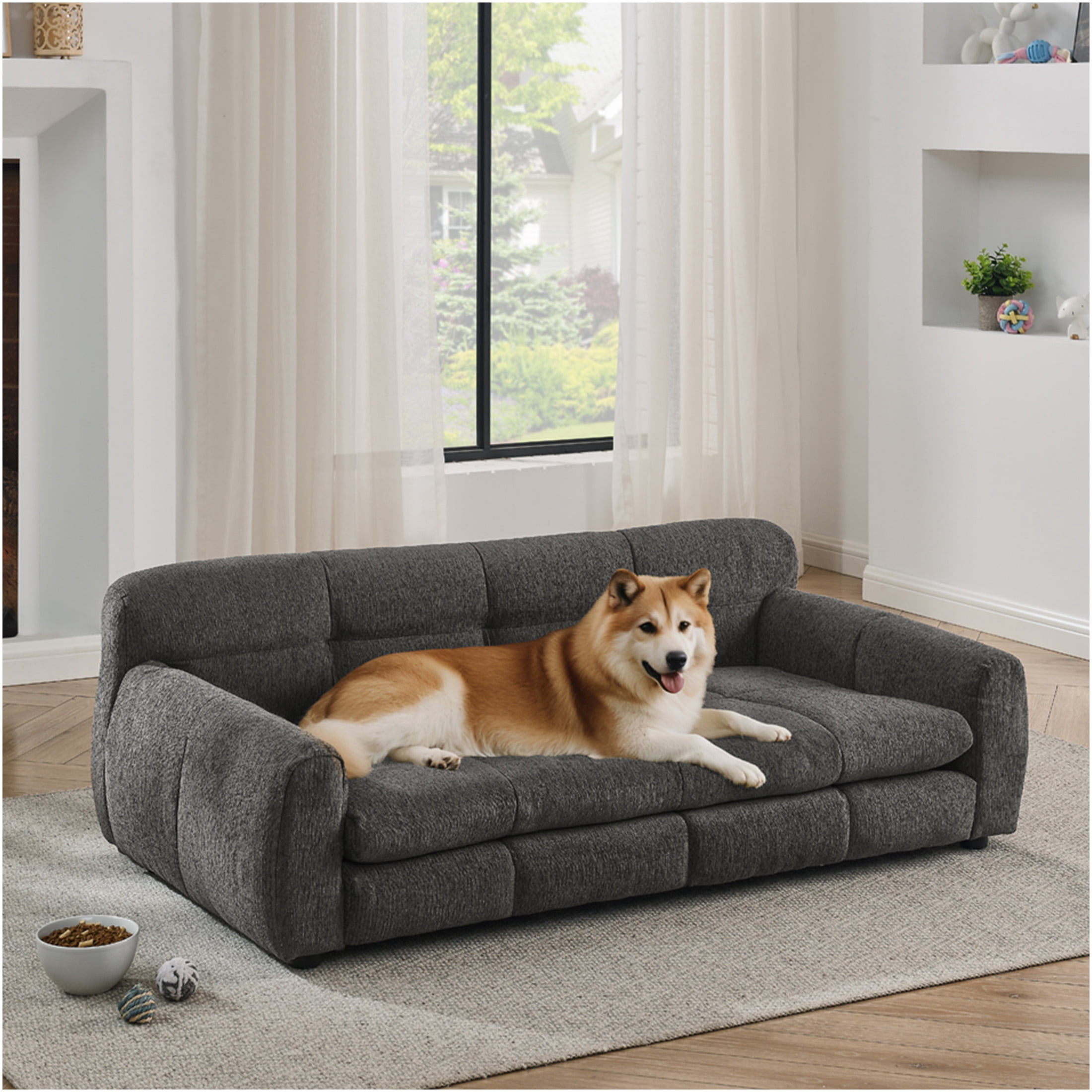 JERFIT Elevated Dog Bed for Large Dogs, Orthopedic Foam Sofa Bed with Backrest & Armrests, Breathable Linen Fabric Pet Bed, Supports up to 130lbs, Modern Furniture Design, Dark Grey