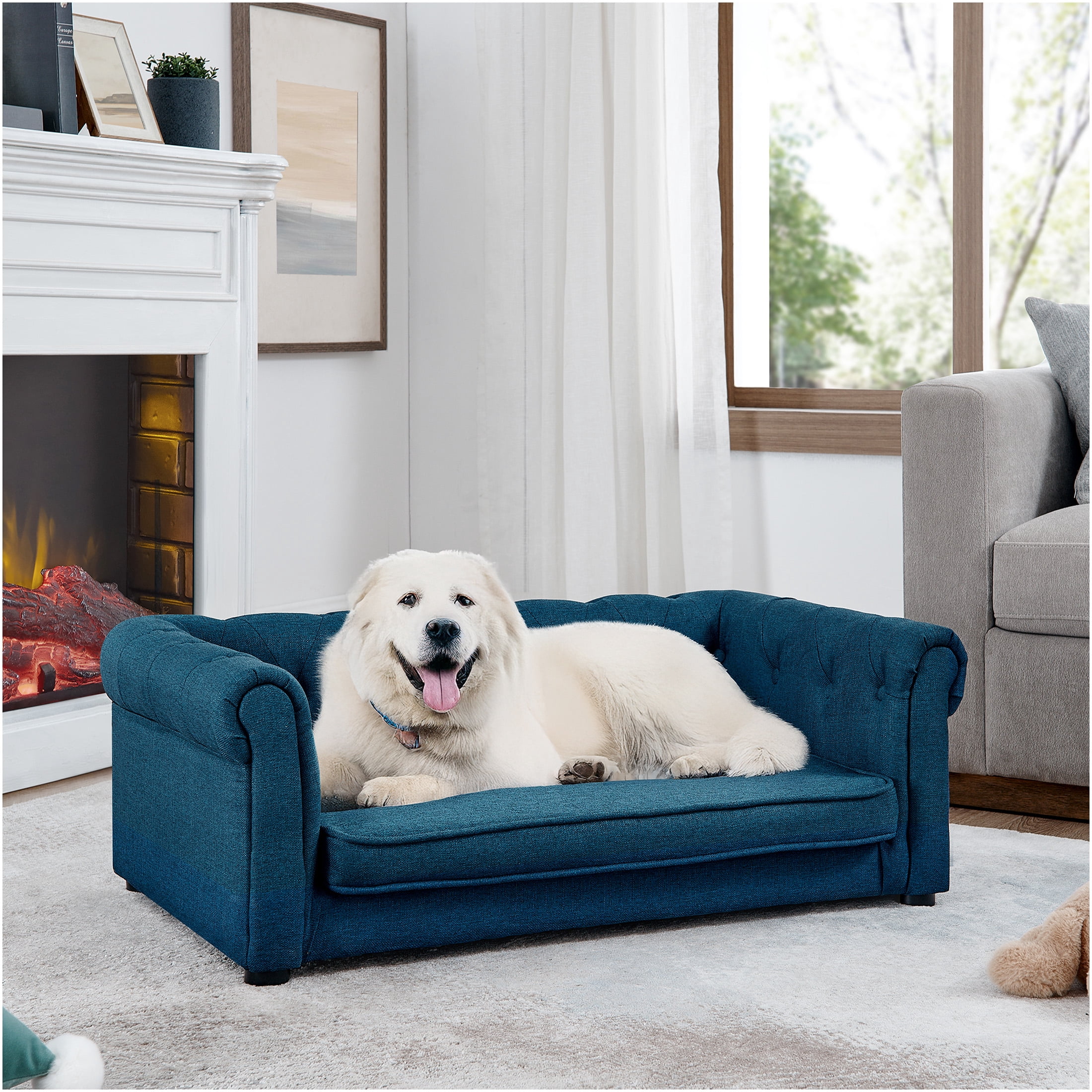 JERFIT Elevated Dog Bed for Small & Medium Dogs, Modern Pet Sofa with Foam Padding, Breathable Blue Fabric, Indoor Pet Furniture, Supports up to 100lbs