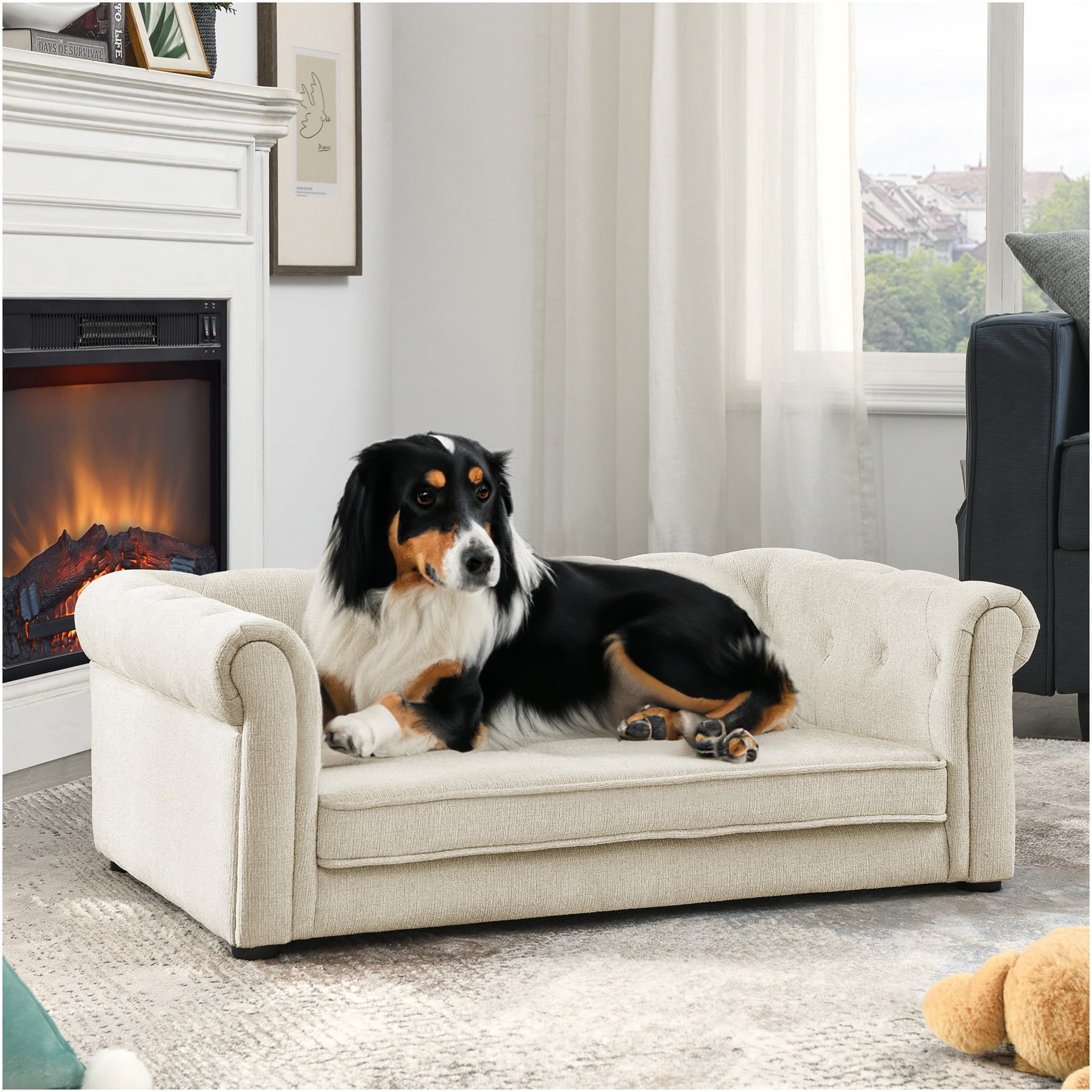 JERFIT Elevated Dog Bed for Medium Dogs, 40" Orthopedic Foam Pet Sofa with Durable Fabric, Waterproof & Washable Cover, Beige Modern Pet Furniture