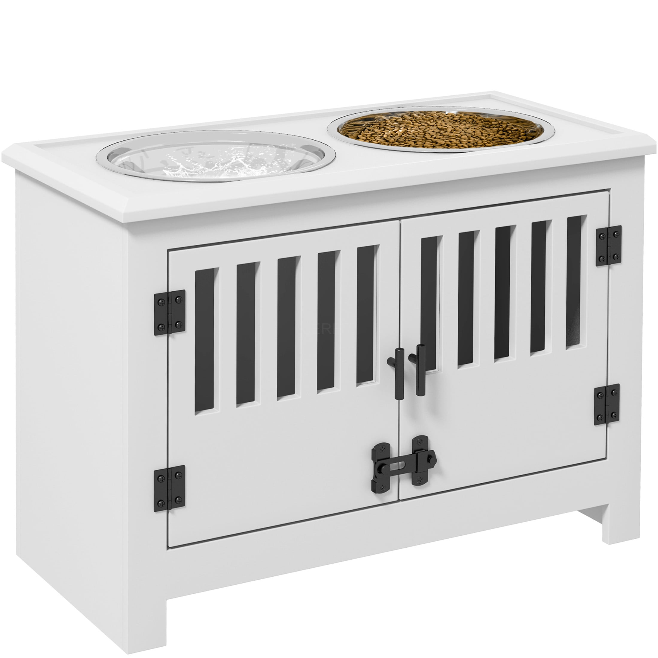 JERFIT Elevated Dog Feeder Stand with Storage Cabinet, 37L Pet Food Organizer, Raised Stainless Steel Bowls for Large Dogs, White