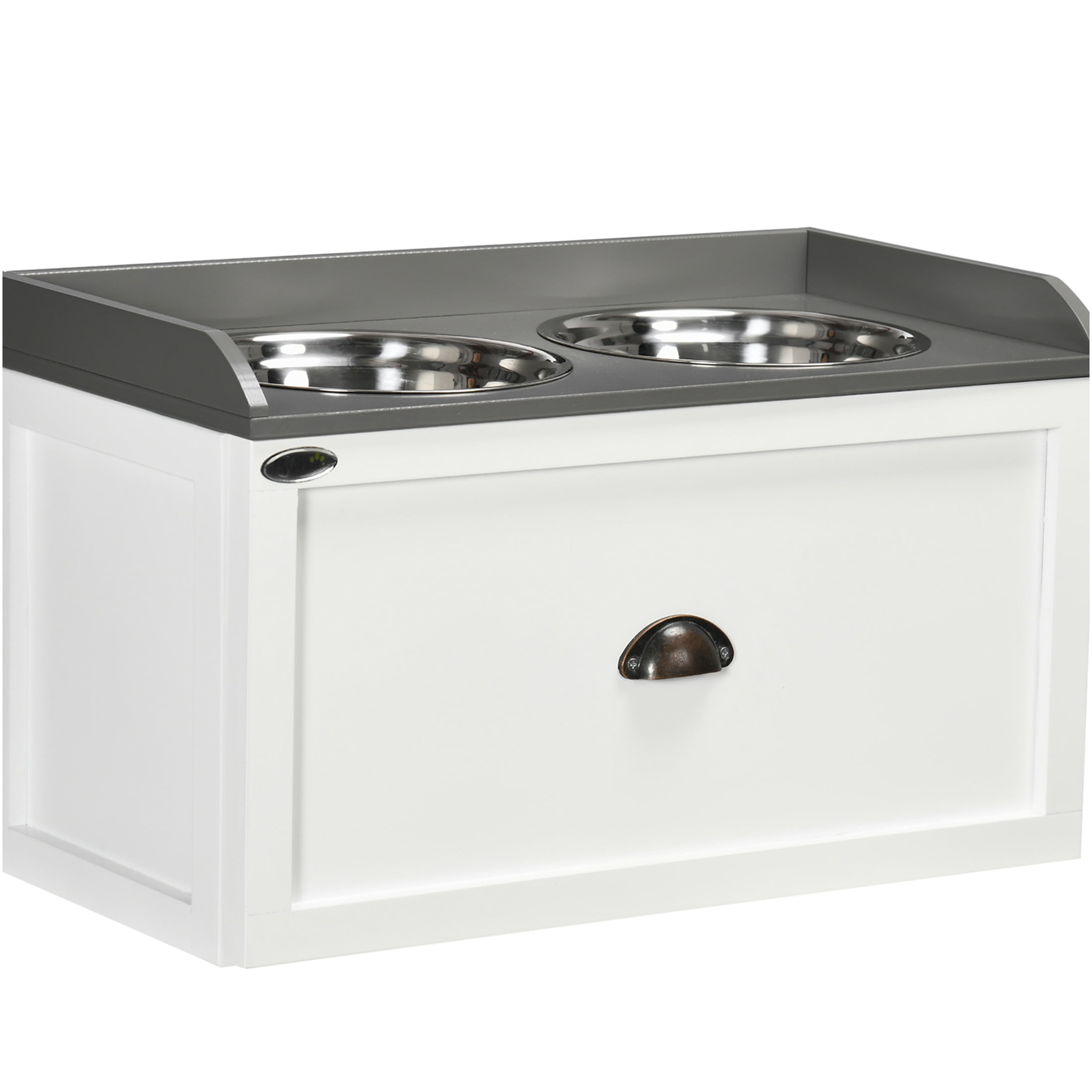 JERFIT Elevated Dog Feeder Station with Storage Drawer, White Wooden Pet Dining Table with 2 Stainless Steel Bowls for Large Dogs