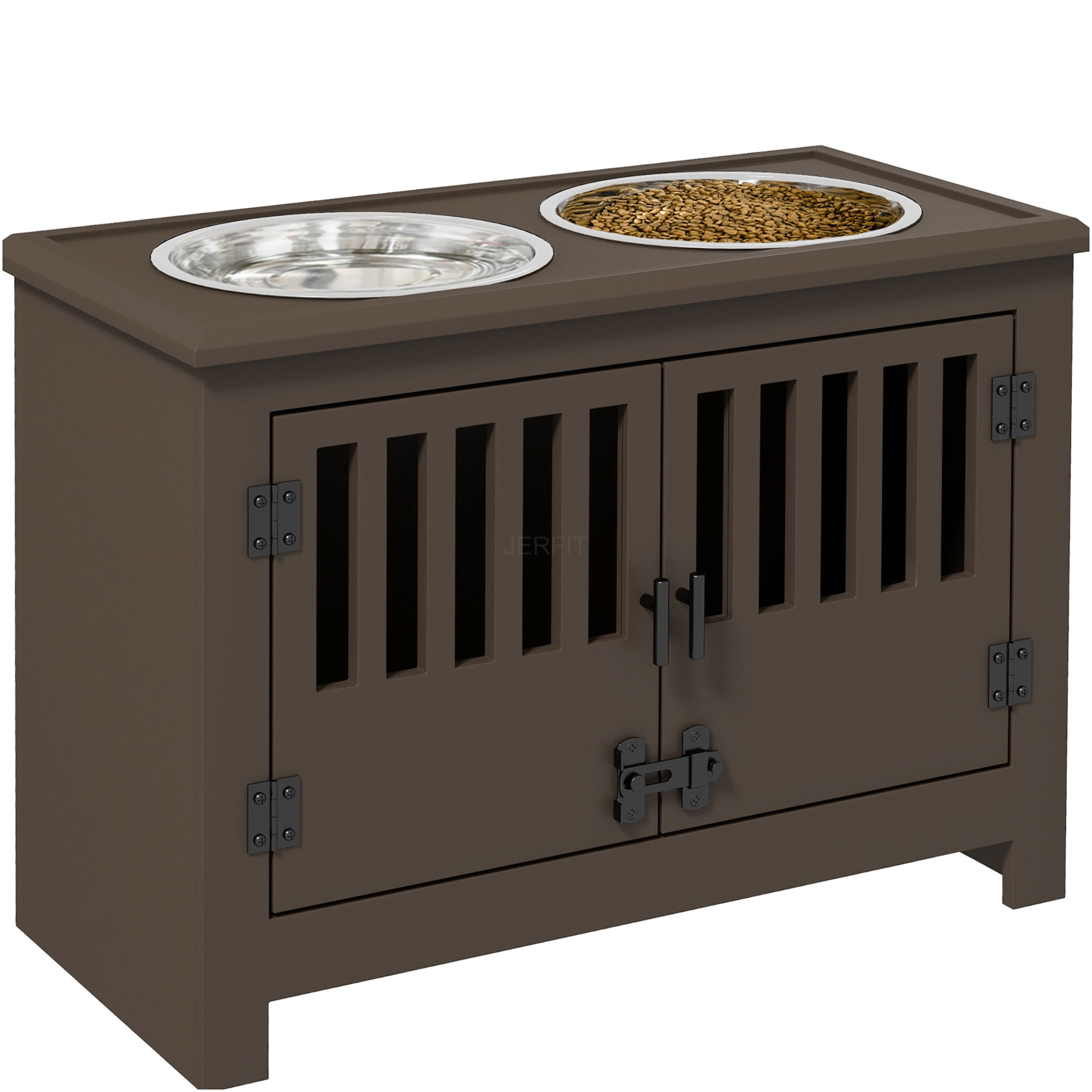 JERFIT Elevated Dog Feeder with Storage Cabinet, 37L Pet Food Organizer Stand with 2 Stainless Steel Bowls for Large Dogs, Espresso