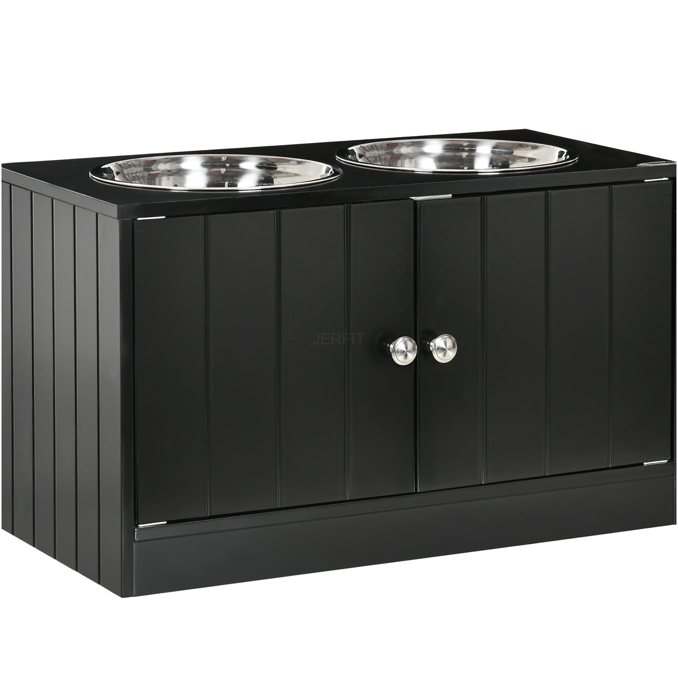 JERFIT Elevated Dog Feeder with Storage Cabinet, Magnetic Lock Pet Food Station Organizer, Large Stainless Steel Bowls, Black MDF Dog Dining Table