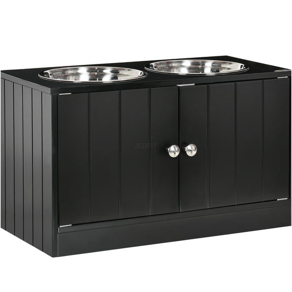 JERFIT Elevated Dog Feeder with Storage Cabinet, Magnetic Lock Pet Food Station Organizer, Large Stainless Steel Bowls, Black MDF Dog Dining Table