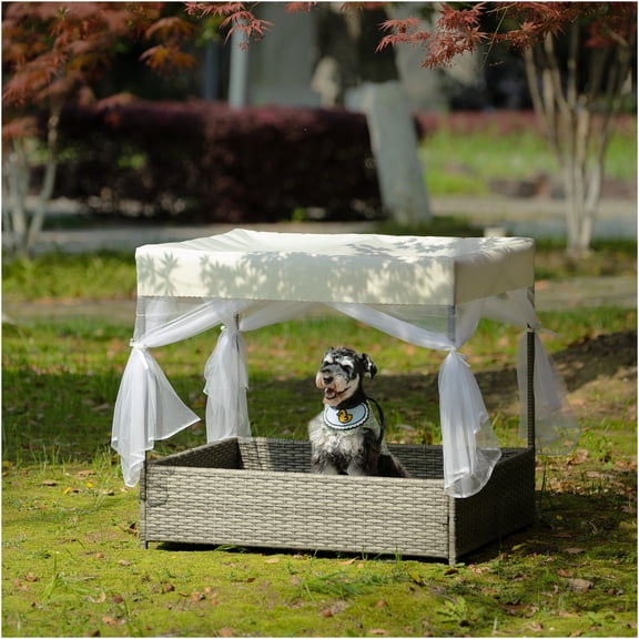 JERFIT Elevated Outdoor Dog Bed with Mesh Curtain, Weather-Resistant PVC Wicker Pet Sofa for Patio, Garden, Poolside, Indoor Use, Includes Cushion, Black