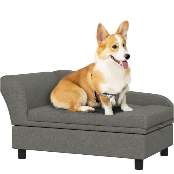 JERFIT Elevated Pet Sofa Bed for Small Dogs with Storage, Gray Wash Wood Frame & Plush Tufted Cushion