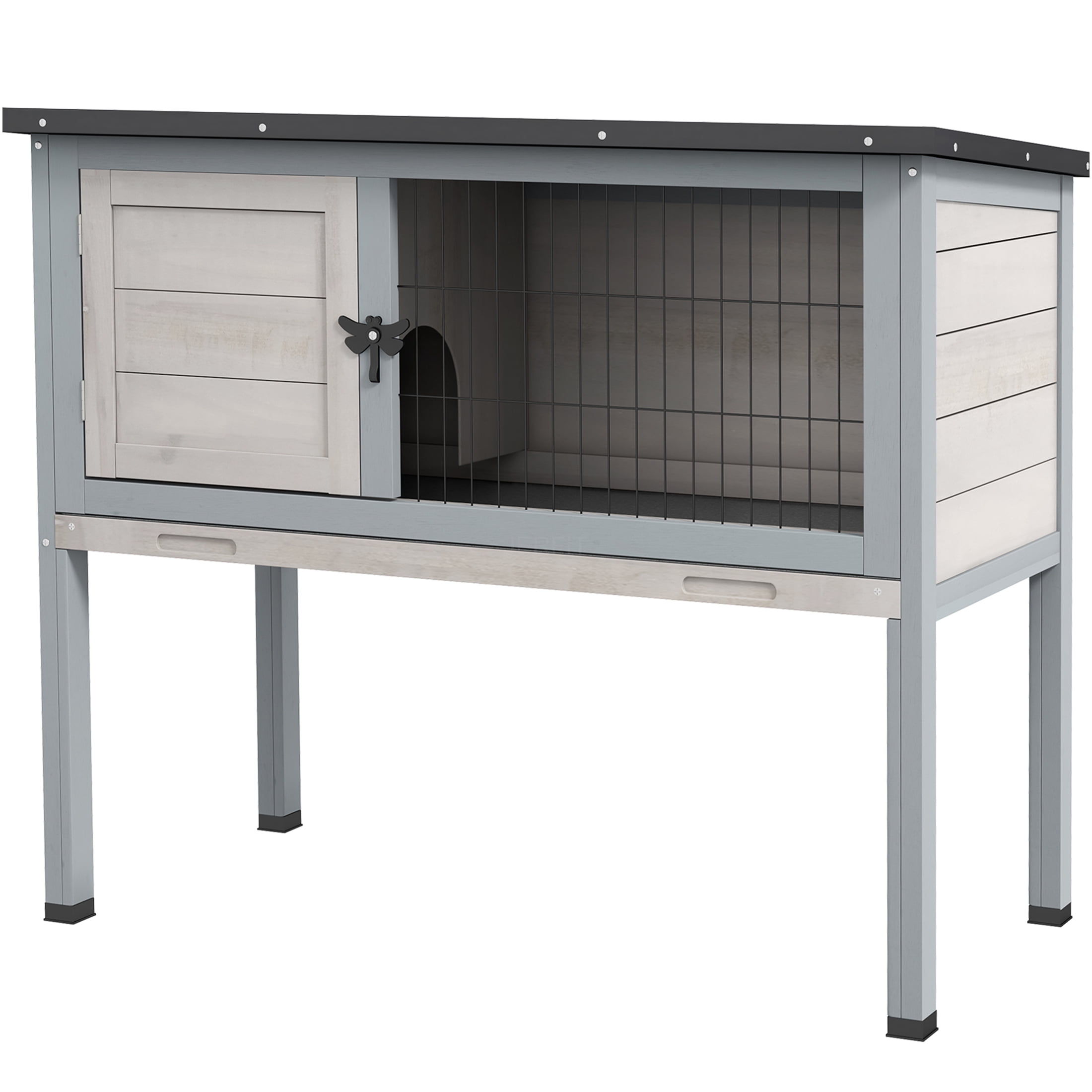 JERFIT Elevated Rabbit Hutch with Removable Tray, Indoor Outdoor Wooden Bunny Cage with Asphalt Roof for Rabbits Guinea Pigs, Gray