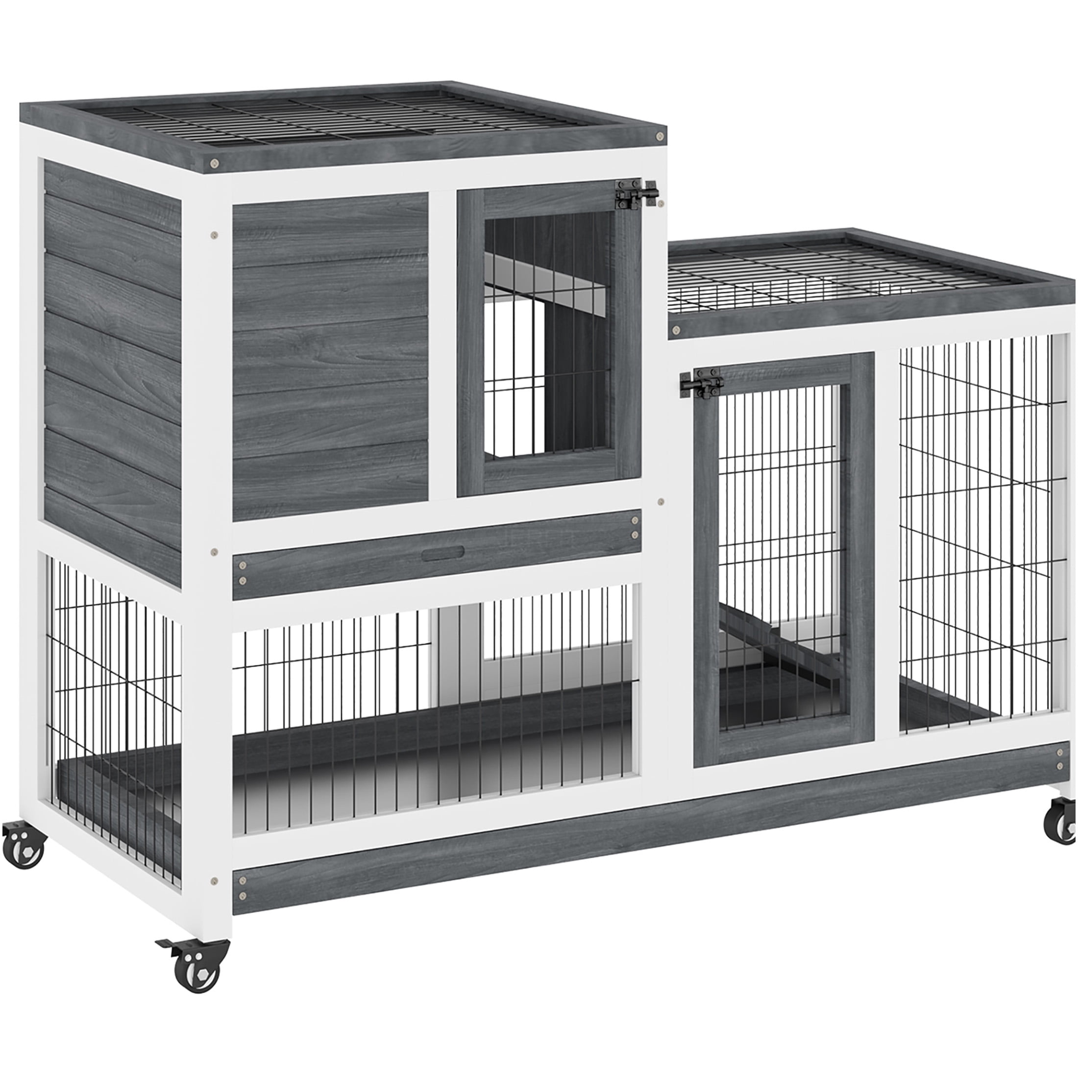 JERFIT Elevated Wooden Rabbit Hutch with Outdoor Run, Wheels & Ramp, Grey Indoor Bunny Cage for Rabbits, Guinea Pigs, Small Animals