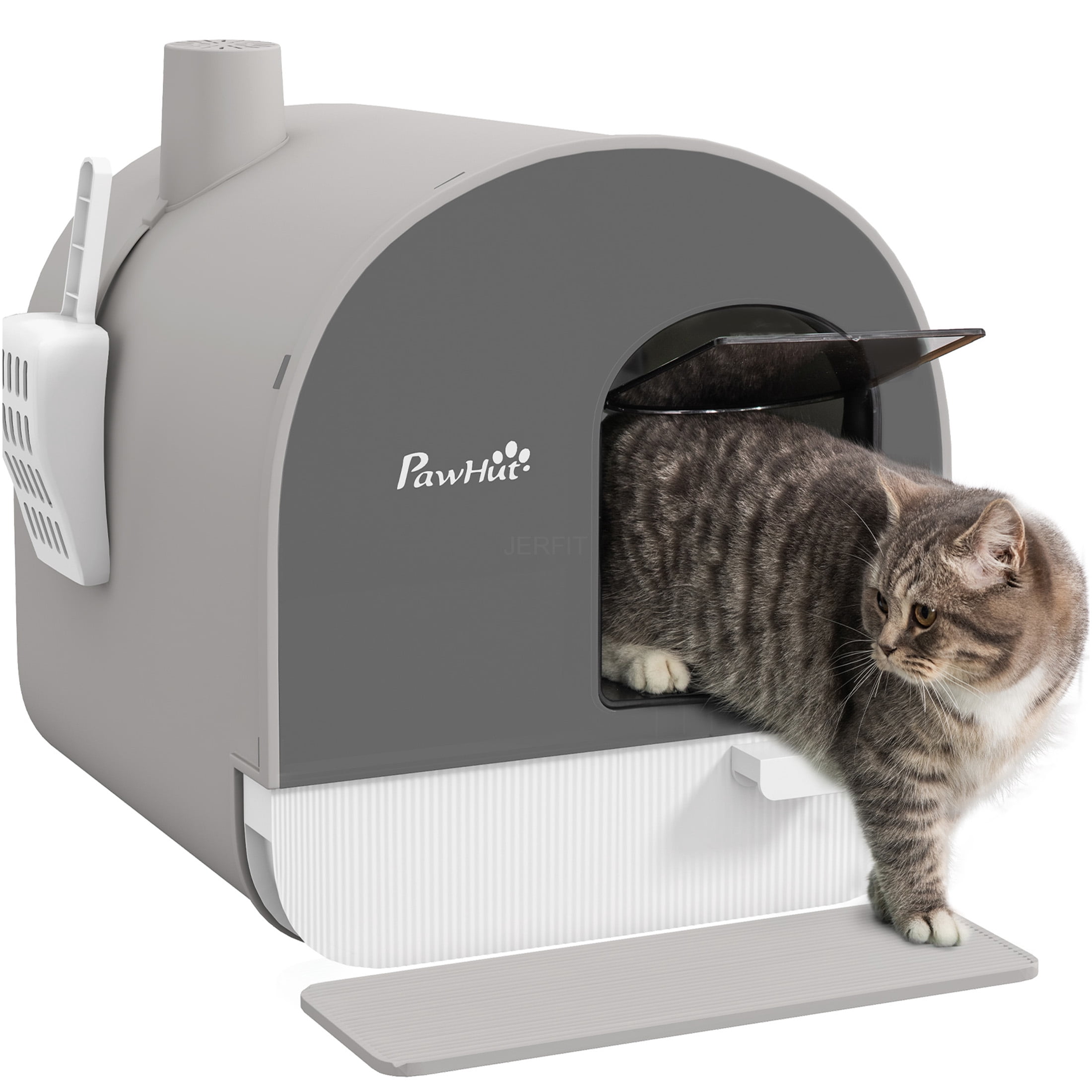 JERFIT Enclosed Cat Litter Box with Lid & Hood, Privacy House with Scoop, Odor Control Filter & Tracking Mat, Easy Clean Hidden Litter Pan for Indoor Cats, Light Gray