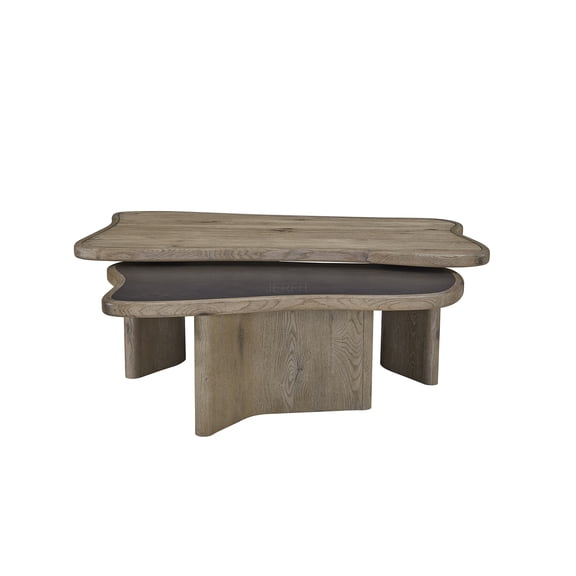 JERFIT English Knotty Oak 2-Piece Nesting End Tables, Organic Freeform Sofa Side Cocktail Tables with Rounded Edges for Living Room
