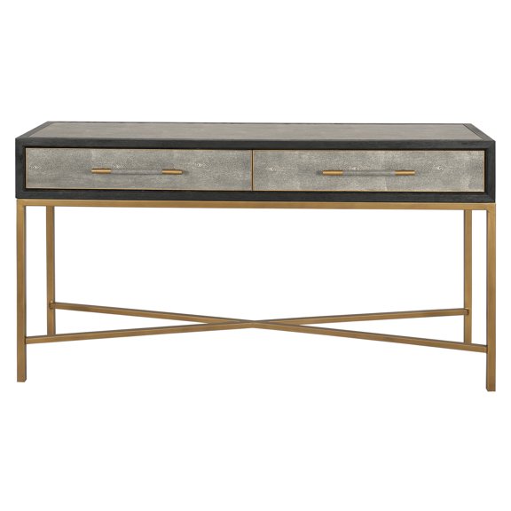 JERFIT Entryway Accent Console Table, Shagreen Patterned Faux Leather Top, Black Oak Frame and Brass Tone Legs in Soft Grey