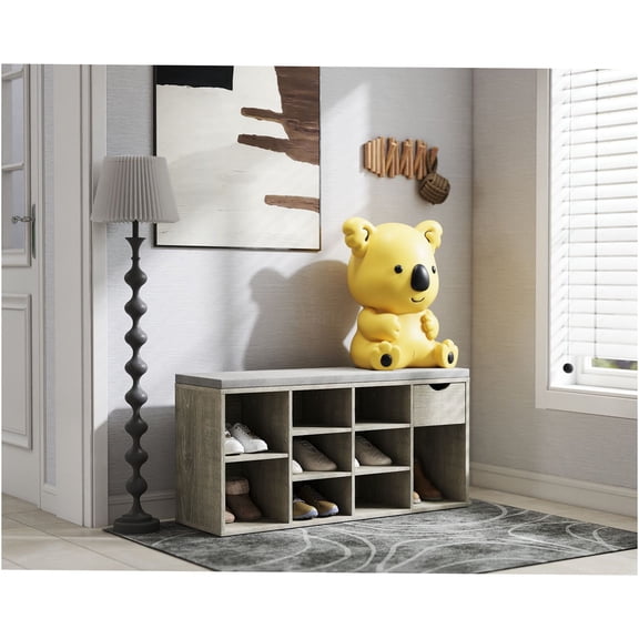 JERFIT Entryway Storage Bench with Cushion, 3-Tier Organizer Shoe Rack with Drawer, Multifunctional Hallway Seat for Bedroom, Living Room, Porch, Gray