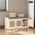 thumbnail image 1 of JERFIT Entryway Storage Bench with Cushion, Shoe Rack Organizer with Adjustable Shelves and Woven Rattan Doors, Multifunctional Hallway Seat Bench for Living Room, Bedroom, Gray/White, 1 of 8