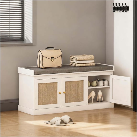 JERFIT Entryway Storage Bench with Cushion, Shoe Rack Organizer with Adjustable Shelves and Woven Rattan Doors, Multifunctional Hallway Seat Bench for Living Room, Bedroom, Gray/White