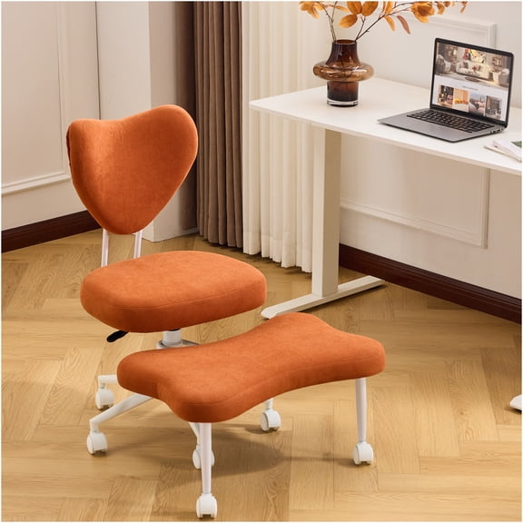 JERFIT Ergonomic Meditation Chair with Lumbar Support, Adjustable Floor Seat for Office & Yoga, Cross-Legged Posture Aid, Caster Wheels, Modern Accent, Orange Corduroy