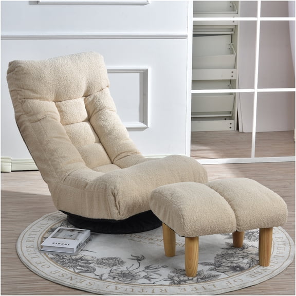 JERFIT Ergonomic Reclining Chair with Lumbar Support, 360 Swivel, Adjustable Backrest, White Cotton Fabric Single Sofa for Living Room, Study, Balcony