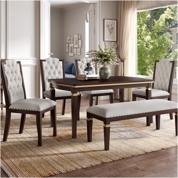 JERFIT Espresso 6-Piece Dining Set with Table, 4 Upholstered Chairs, and Bench for Kitchen and Dining Room