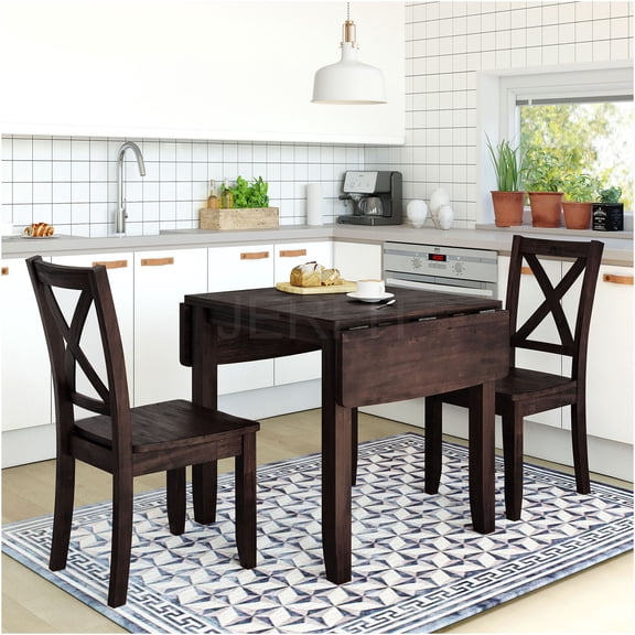 JERFIT Espresso Drop Leaf Dining Table Set with 2 X-Back Chairs, Space Saving Kitchen Nook Set for Small Spaces, Solid Wood & MDF Extendable Table