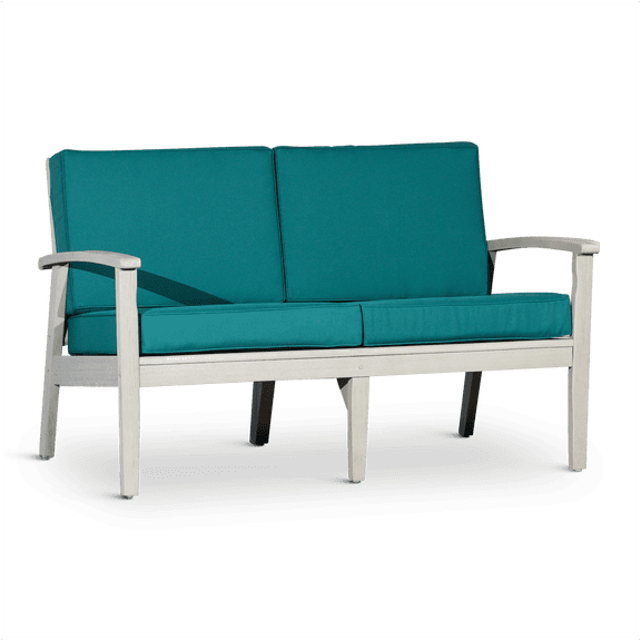 JERFIT Eucalyptus Outdoor Loveseat with Cushions, Deep Seat Patio Furniture for Porch, Garden, Gray Frame & Dark Green Water-Resistant Cushions