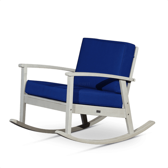 JERFIT Eucalyptus Rocking Chair with Cushions, Extra Deep Seat Patio Rocker for Outdoor, Gray Wood Finish & Navy Blue Pillows