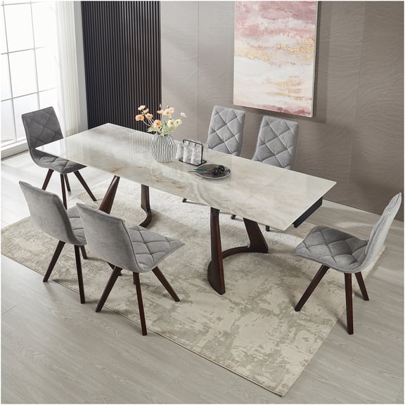 JERFIT Expandable Dining Table for 6 with Sintered Stone Top and Solid Wood Base, Retractable Extendable Kitchen Table Heat Resistant Scratch Proof Dark Walnut Finish for Living Room