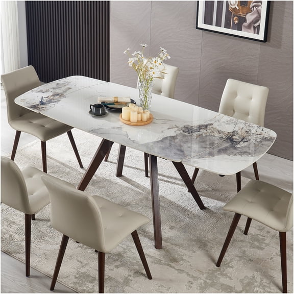 JERFIT Expandable Dining Table for 8 with Sintered Stone Top, Solid Wood & Metal Base, Heat & Scratch Resistant, Brown and White Oval Kitchen Table for Modern Home